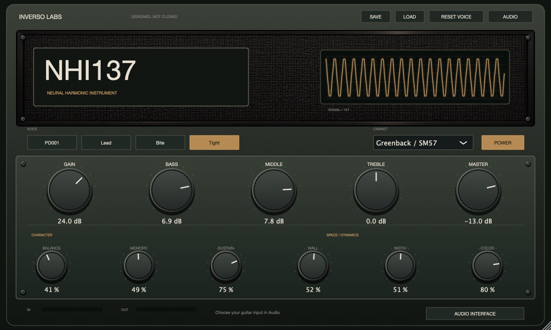 NHI137 amplifier interface with PD001, Lead, Bite and Tight voices, gain and tone controls, and harmonic character controls